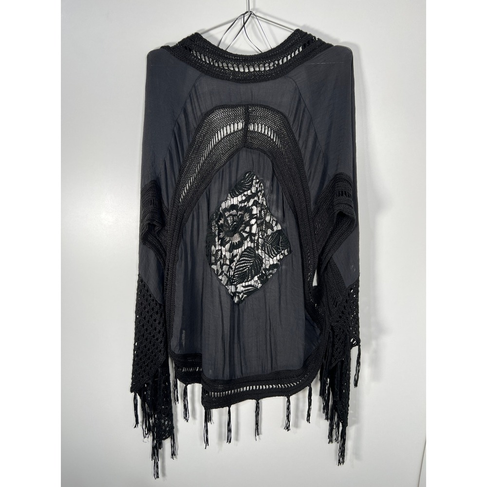 Black Solid Cotton Crochet Lace Fringe Kimono Cardigan Boho Festival Cover UpM/L